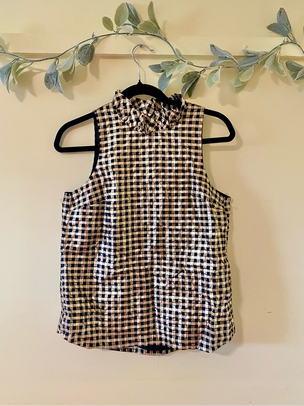 J Crew Gingham Gold and Black Blouse